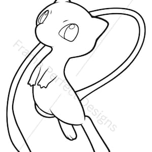 Könnte beinhalten: Schwarz-Weiß-Linienzeichnung des Pokémon-Charakters Mew. Die Illustration zeigt die charakteristischen Merkmale des Charakters, einschließlich großer Augen und eines langen Schwanzes. Das Design ist eine einfache Kontur, ideal zum Ausmalen oder für Designzwecke.