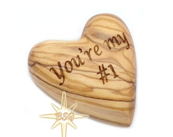 Personalized Olive Wood Heart, Engraved Pocket Token