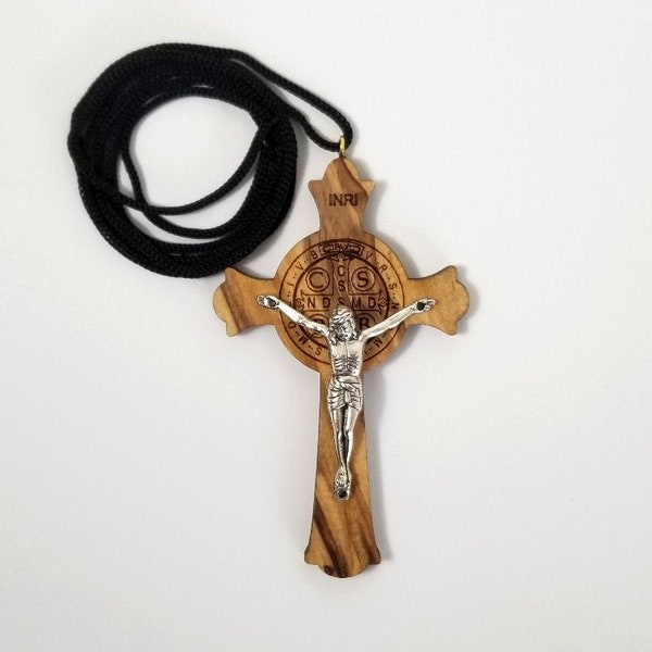 St Benedict Cross pendant necklace made in Bethelehem out of the Olive wood crucifix size is 3.5 inches