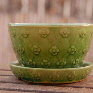 vintage, green Shawnee USA planter with attached saucer