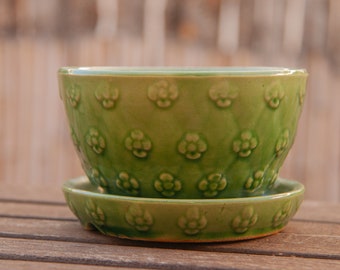 vintage, green Shawnee USA planter with attached saucer