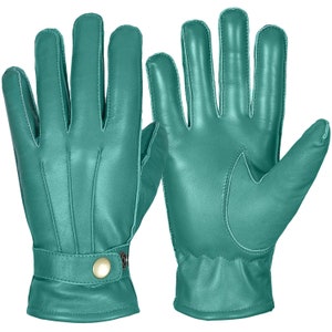 May include: A pair of teal leather gloves with a button detail on the wrist.