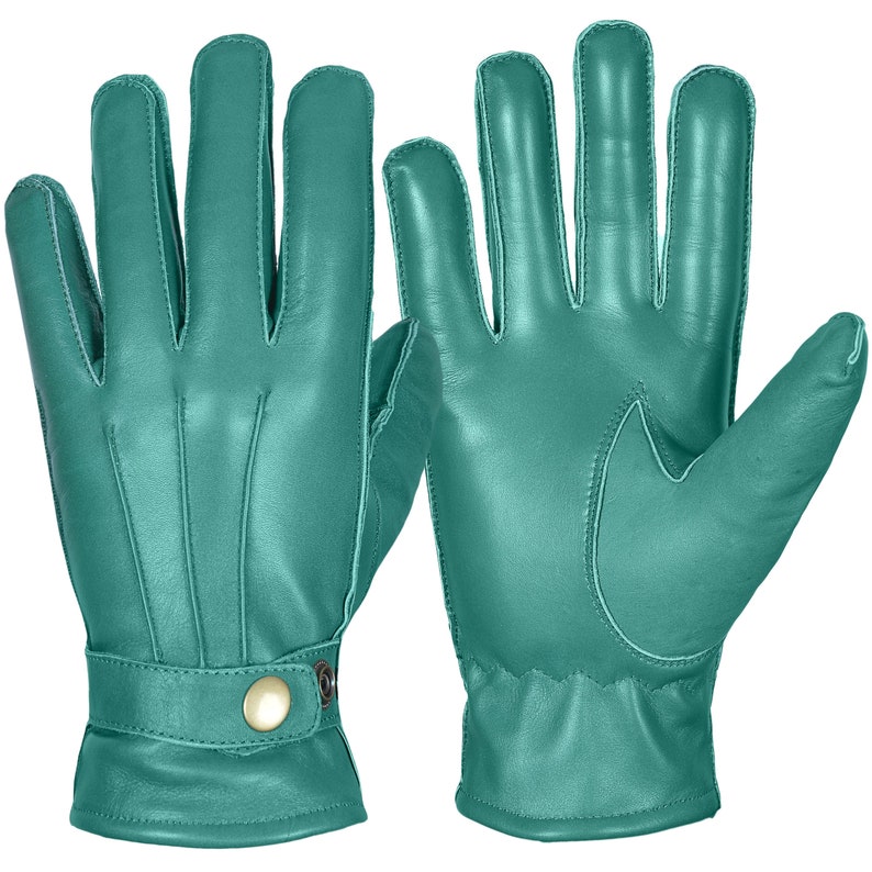 May include: A pair of teal leather gloves with a button detail on the wrist.