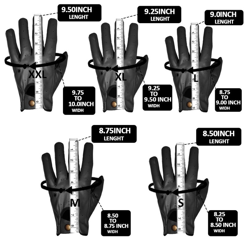 May include: Five pairs of black leather driving gloves with size labels: XXL, XL, L, M, and S. Each glove is measured with a ruler to show the length and width of the glove.