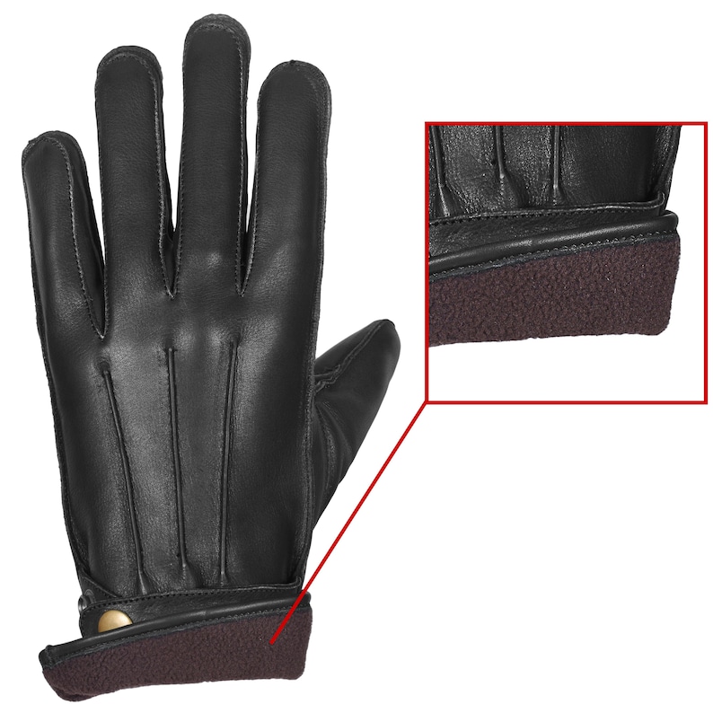 May include: Black leather gloves with a brown fleece lining on the cuff and wrist. The gloves have a classic design with a single button on the cuff.