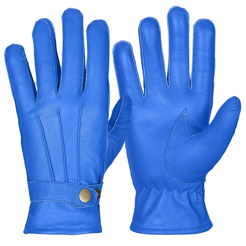 May include: A pair of blue leather gloves. The gloves have a classic design with a stitched seam detail.