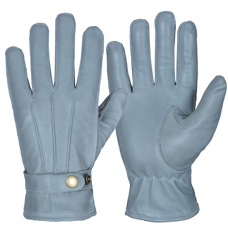 May include: A pair of gray leather gloves with a button closure on the wrist.