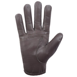 May include: A brown leather driving glove with a perforated design on the back of the hand.