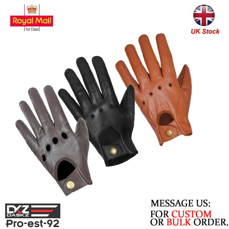 May include: Three pairs of leather driving gloves in brown, black, and tan. The gloves have a perforated design and a button closure. The gloves are displayed on a white background.  Message us: for custom or bulk order.