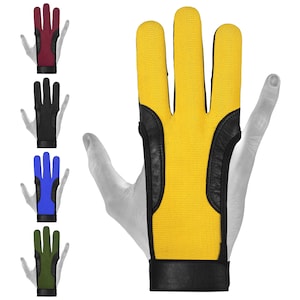 Archers 3 finger glove 100% leather & four way material , right and left hand ,black,blue,green,red,yellow