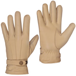 May include: A pair of tan leather gloves with a button closure on the wrist.