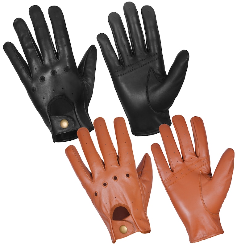 May include: Three pairs of leather driving gloves. One pair is black, and two pairs are brown. All gloves have a perforated design and a button closure.