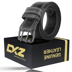 Leather belts double Prong with double stitch black brown 100% genuine leather 30'' to 64'' waist sizes (Black Buckle)