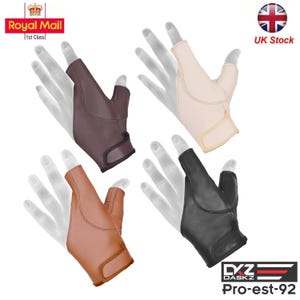 May include: Four pairs of fingerless leather gloves in brown, beige, tan, and black. The gloves have a thumb hole and a strap around the wrist. The gloves are labeled "Pro-est-92" and "DYKZ DASKZ".