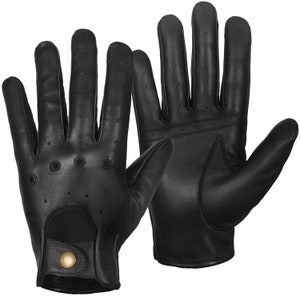 May include: A pair of black leather driving gloves with a button closure and perforated detailing.
