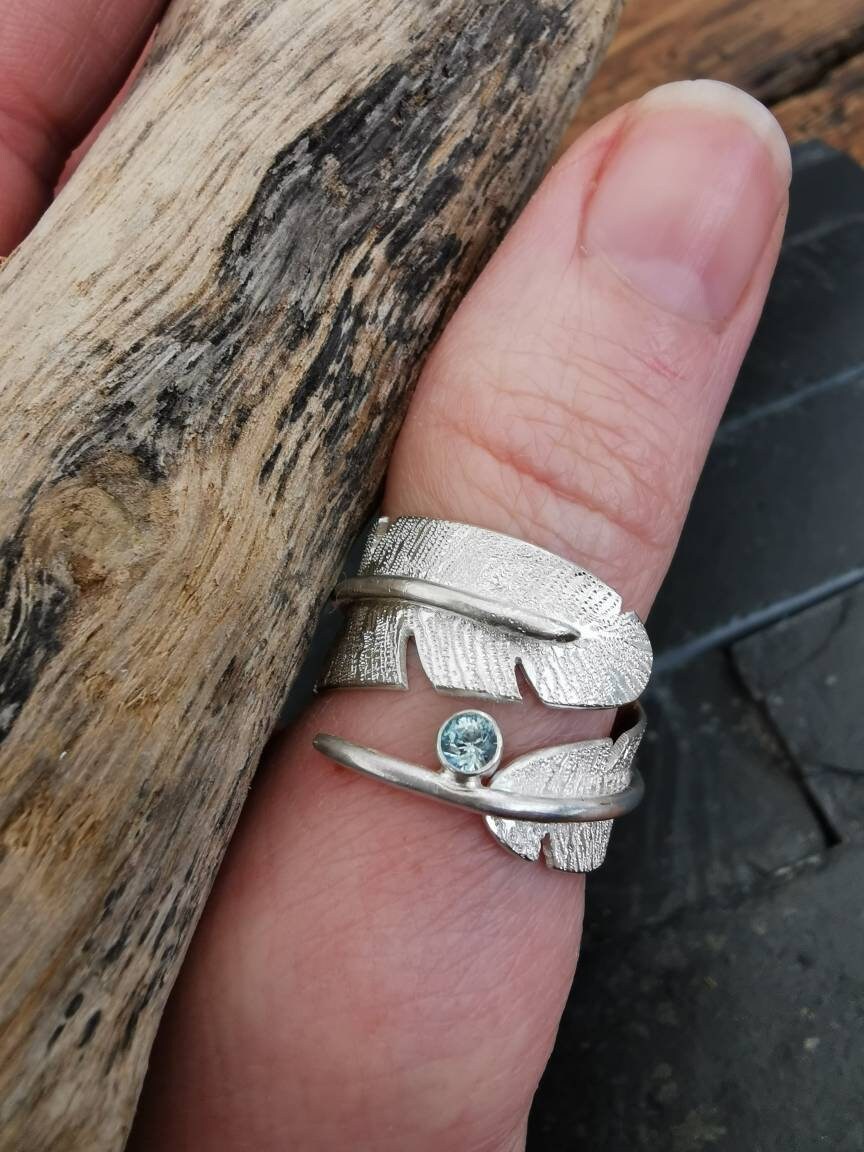 Feather Anello Regolabile In Argento Sterling 925 Con Turchese - Design Piuma Bohémien - Confezione Regalo Con Panno Per Lucidatura - 3