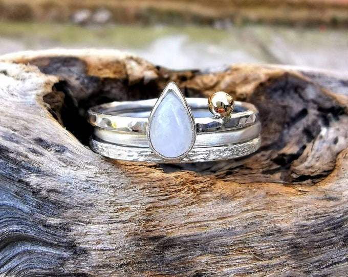 Sterling Silver, Moonstone and 9ct Gold Stacking Ring Set. Three Ring Stacking Set