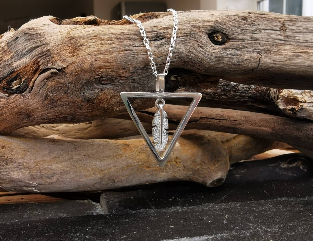 Handmade Triangle Silver Feather Necklace, in an Inverted Triangle ...