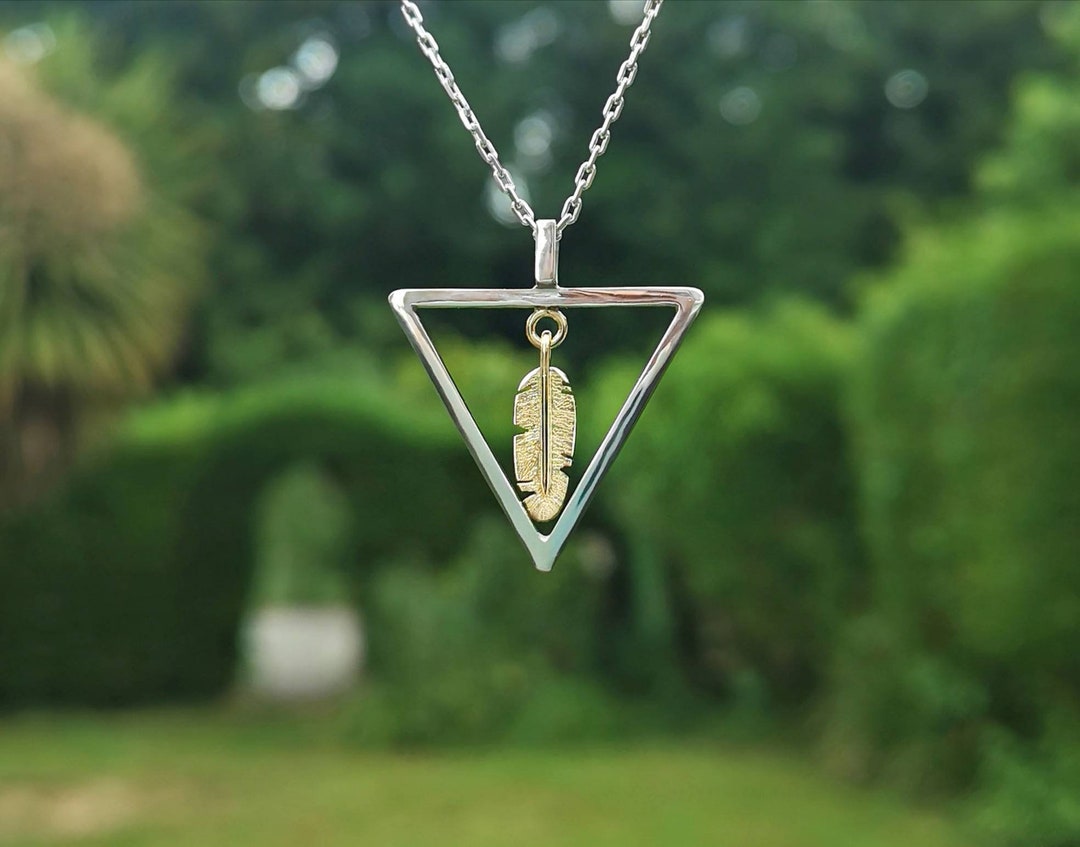 Triangle Feather Silver Necklace, Sterling Silver and 9ct Gold, in an ...