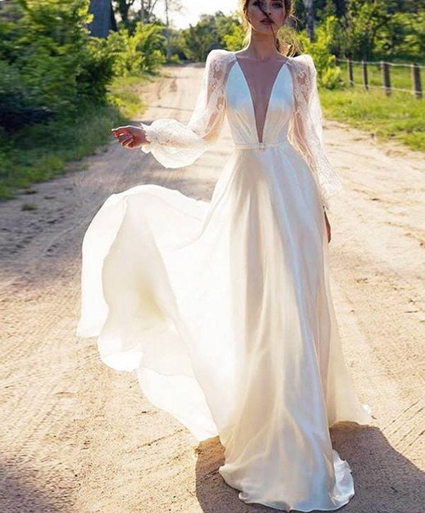 Deep V Plunge Neck Long Sleeves A-line Wedding Dress Lace Puff - Etsy