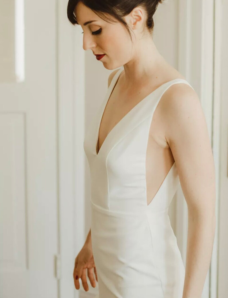 Minimal Deep V Neckline Sleeveless Open back Wedding Dress | Etsy