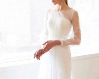 Simple A-Line Long Sleeves Wedding Dress Minimalistic Mesh Straight-cross Illusion Sheer Lace Gown