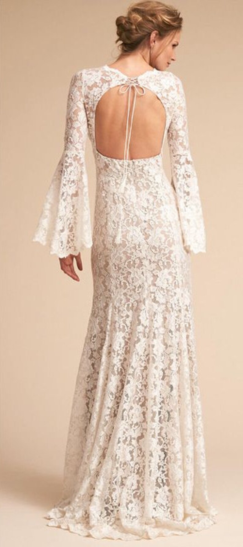 Boho Lace Flare Long Sleeves Wedding Dress Bell Sleeve Floral Etsy Canada