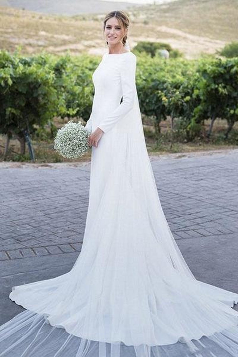 Simple Long Sleeves Boat Neck Wedding Dress Open Back Classy Etsy