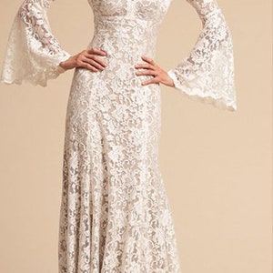 Boho Lace Flare Long Sleeves Wedding Dress Bell Sleeve Floral - Etsy