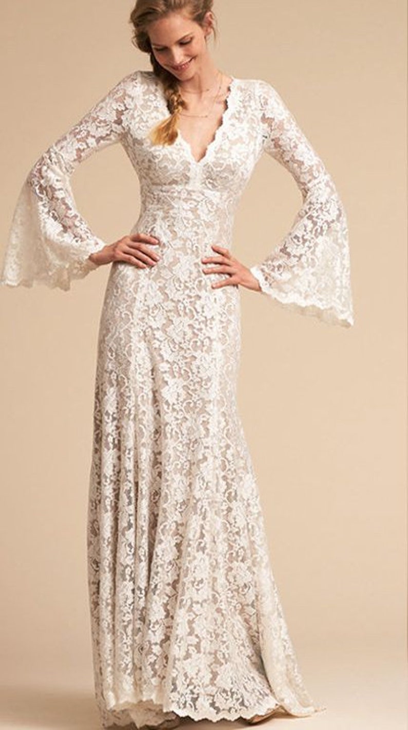 Boho Lace Flare Long Sleeves Wedding Dress Bell Sleeve Floral - Etsy Canada
