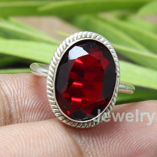 Anillo de granate rojo, anillo de plata de ley 925, anillo de plata granate, regalo para ella, regalo de Navidad hecho a mano, regalo de Navidad, anillo de mujer de bodas