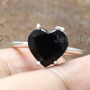 Onyx Ring, Black Onyx Heart Ring, Sterling Silver Ring, Valentines Gift Band Ring, Christmas Heart Ring, Promise Women Ring Gift for Her