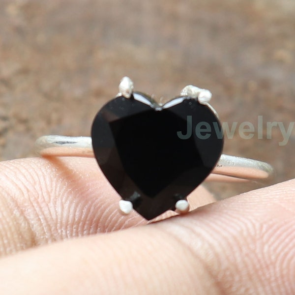 Onyx Ring, Black Onyx Heart Ring, Sterling Silver Ring, Valentines Gift Band Ring, Christmas Heart Ring, Promise Women Ring Gift for Her