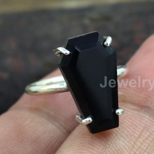 Coffin Black Onyx Ring, Prong Setting Silver Ring, Handmade Coffin Ring, Gold Plated Silver Ring, Unisex Ring, Rings for Women, Gift For Her