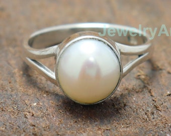 Sterling Silver Pearl Ring, Handmade Gemstone Band, June Birthstone