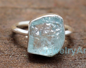 Raw Aquamarine Ring, Rough Stone, Sterling Silver, Minimalist Band