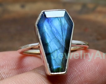 Handmade Coffin Labradorite Ring, 925 Sterling Silver Statement Ring