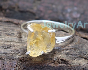 Raw Citrine Ring, Natural Citrine Rough Ring, Raw Stone Ring, 925 Sterling Silver Ring, Minimalist Ring, Delicate Ring, Solitaire Ring Gift