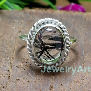 Tourmalinated Quartz Ring, Sterling Silver Ring, Gift For Her, Anniversary Women Gift, Natural Black Rutilated Tourmaline Women Band Ring