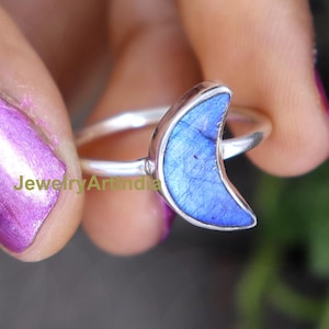 Blue Flash Natural Labradorite Sterling Silver Ring, Half Moon Shape Gemstone Anniversary gift for Her