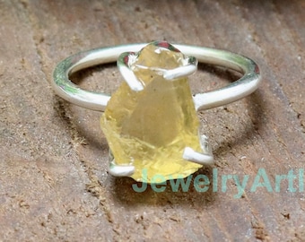 Natural Raw Citrine Ring, Citrine Rough Ring, Raw Stone Ring, 925 Sterling Silver Ring, Boho Midi Band Ring, Solitaire Ring Gift for Mother