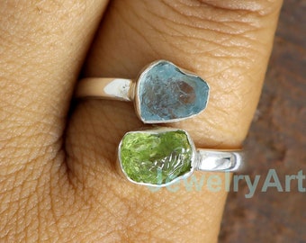 Raw Peridot Ring, Natural Aquamarine Rough Ring, Raw Stone Ring, Peridot 925 Silver Ring, Two Stones Silver Ring, Birthstone Handmade Ring