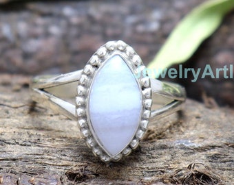 Handmade Marquise Blue Lace Agate Ring, 925 Sterling Silver