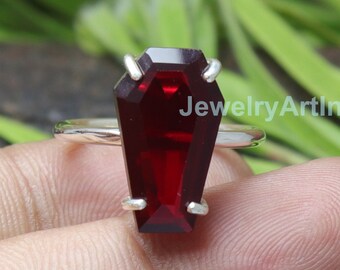 Red Garnet Ring, Coffin Ring, Handmade Ring, Statement Ring, Garnet Gemstone Ring Sterling Silver Ring, Women&#39;s Ring, Halloween Gift For Her