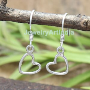 Heart Earrings, Sterling Silver Open Heart Earrings, Dainty Minimalist Earrings, Everyday Handmade Dangle Earrings, Christmas Gift for Her