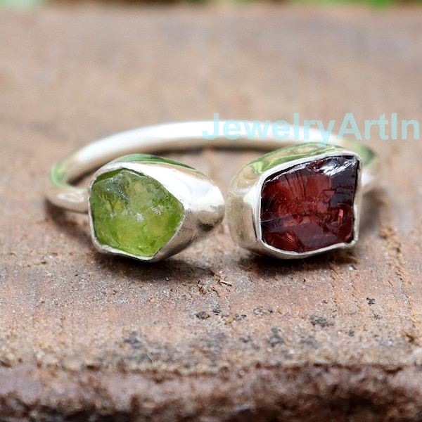 Raw Peridot Ring, Natural Garnet Ring, Raw Rough Ring, Raw Stone Ring, Peridot 925 Silver Ring, Two Stones Silver Ring, Raw Crystal Ring