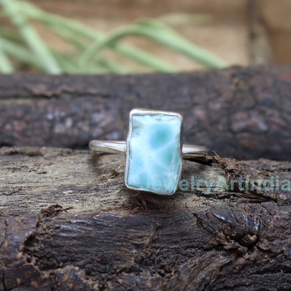 gift for her 8 natural larimar minimalist jewelry for her everyday jewelry natural blue Larimar ring Handmade natural gemstone jewelry Dainty Larimar Ring 