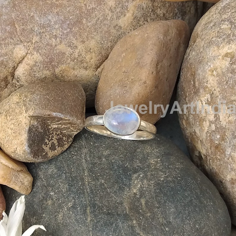 Horizontal Ring Anniversary Gift Women Ring Handmade Ring Solid Silver Ring Silver Band Silver Moonstone Ring Blue Flash Gemstone Ring