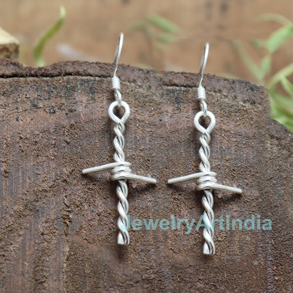 925 Boucles d’oreilles en argent, 925 boucles d’oreilles en argent sterling en fil de fer barbelés, boucles d’oreilles en fil d’argent fin, boucles d’oreilles en fil de fer barbelés en apesanteur, boucles d’oreilles Drop