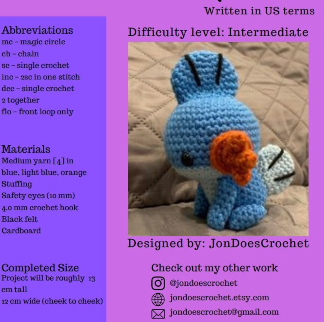 Mudkip (mud Fishpokemon) Crochet Pattern. PDF Digital Download